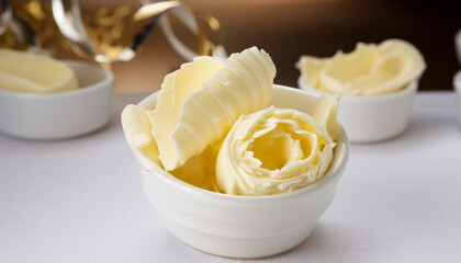 Rolled creamy butter shavings in an individual little white china ramikin for a formal catered...