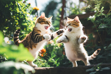 Two cat fighting in morning light, playing in backyard, generative AI.