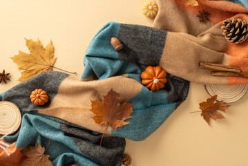 Delight in essence of autumn with this top view arrangement: cozy plaid, small pumpkins, yellow maple leaves, pine cone, cinnamon sticks, acorn and anise, arranged on pastel beige backdrop