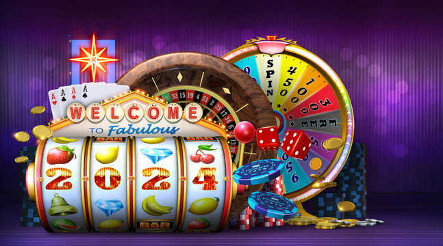 Casino gambling concept image that puts a spotlight on the arrival of the 2024 New Year. 3D rendered illustration with various casino game elements, isolated against a festive background.