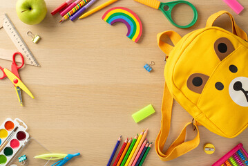 School materials scene. Top view of vibrant accessories, art kit, scissors, ruler, sharpener,...