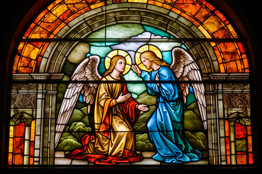 Majestic stained-glass depiction of the Angel's visit to Mary, reference to Luke 1:26-38, enhancing spiritual and catechetic storytelling in a Catholic cathedral. Generative AI