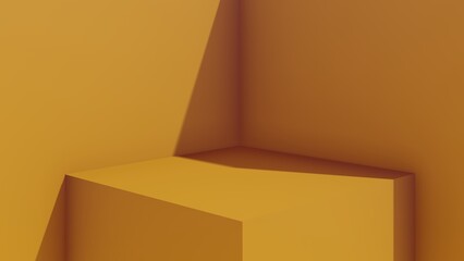Realistic yellow 3D cube pedestal podium set in abstract room. Minimal scene for products stage showcase, promotion display. Geometric platform design. 