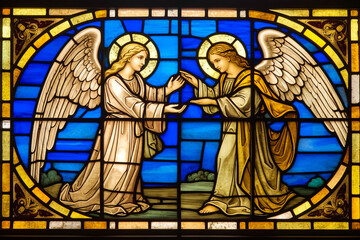 Illuminating stained glass scene of Angel's visit to Mary, referencing Luke 1:26-38 New Testament - a captivating educational tool in a Catholic cathedral. Generative AI