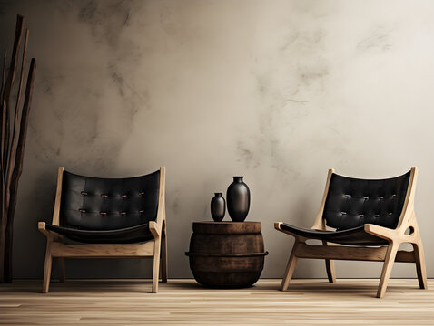 minimalistic modern room interior with wooden coffee table leather chairs and vase on beige rustic empty wall minimal decorations