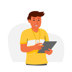 Man use tab wear tshirt