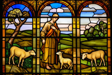 Stunning and vibrant stained glass depiction of the 'Lost Sheep' parable from Luke 15:1-7, beautifully crafted for educational catechism in a catholic setting. Generative AI
