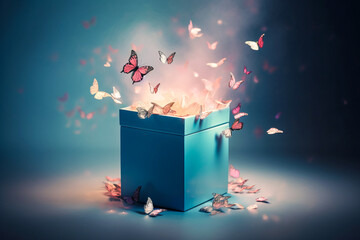 Charming pastel explosion of butterflies emerging from a surprise gift box, conveying a serene and delightful scene. Generative AI - obrazy, fototapety, plakaty