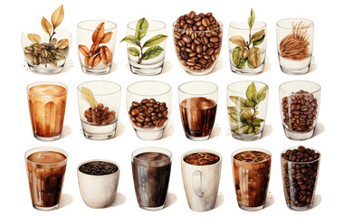 Coffee Watercolor on white background. Watercolor painting daily routine objects. Hand drawn colorful Sublimation design