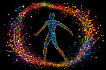 Naklejka premium Mystifying silhouette filled with galaxies and stars, interlaced with DNA; striking contrast between rich space black and radiant cosmic colors. Generative AI