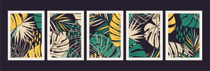 Monstera leaves posters. Retro abstract backgrounds. Yellow and green colors © Любовь Овсянникова