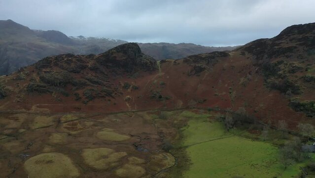 Drone flight from 120metres flying towards the Langdale mountain range between Side Pike and Pike O Blisco,