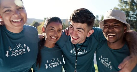 Youth friends, summer camp or people outdoor in nature for community service volunteer adventure in woods. Diversity, happy men and women in a forest environment for camping, hike and freedom