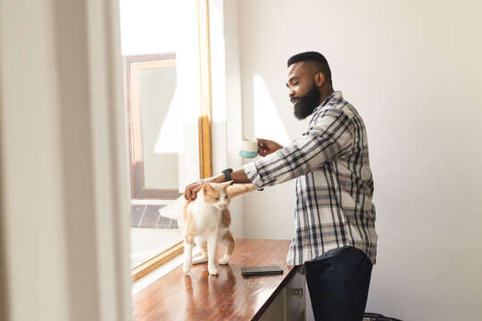 Happy african american man wearing checked shirt holding mug of coffee and petting cat