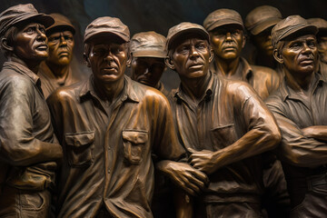Naklejka premium Poignant Labor Day tribute, featuring a thoughtful group of workers in subdued colors, evoking a strong sense of nostalgia and emotion. Generative AI