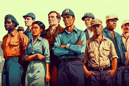 Poignant Labor Day scene, group of workers in subdued colors showing depth of emotion and nostalgia - a thoughtful celebration. Generative AI - Powered by Adobe