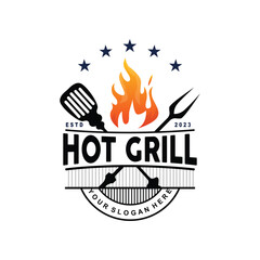 Barbeque Logo, Hot Grill Design With Fire And Spatula, Vector BBQ Grill Vintage Tripography, Retro Rustic Logo For Cafe, Restaurant, Bar