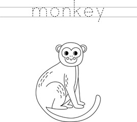 Trace the letters and color cartoon monkey. Handwriting practice for kids.