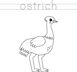 Trace the letters and color cartoon ostrich. Handwriting practice for kids.