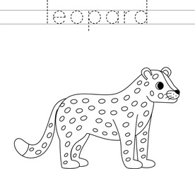 Trace the letters and color cartoon leopard. Handwriting practice for kids.