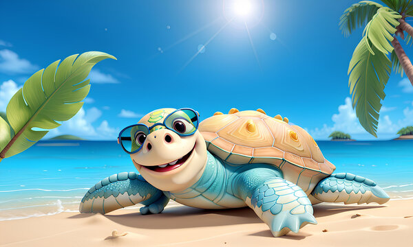 happy smiling turtle with glasses on sandy beach near sea and palm trees in cartoon 3d style