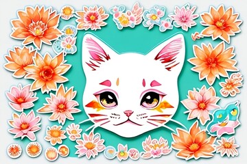 Obraz na płótnie Canvas Cartoon colorful cat with flowers on white background. Created with generative ai