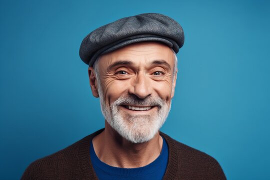 Portrait Of A Smiling Senior Man Wearing Cap Isolated Over Blue Background