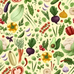 Seamless pattern with vegetables, herbs, leaves