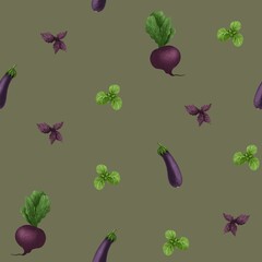 Seamless pattern with vegetables, herbs, leaves