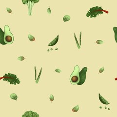 Seamless pattern with vegetables, herbs, leaves