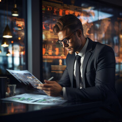 businessman holding the paper in the restaurant, analysis data. created with generative AI technology