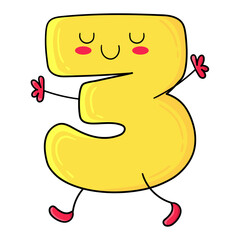 Illustration of number three in Kawaii style, smiling and with arms raised and eyes closed, design for t-shirts, clip art