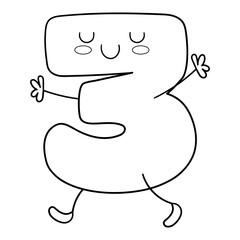 Illustration in black and white of number three in Kawaii style, smiling and with arms raised and eyes closed, coloring page , clip art