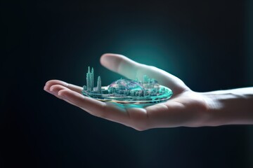 man hand holding hologram cyber digital data city landscape real estate building background. meta city landscape cyberspace. metaverse concept. Generative ai