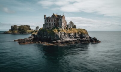 Fototapeta na wymiar On a remote island, an abandoned old castle stood Creating using generative AI tools