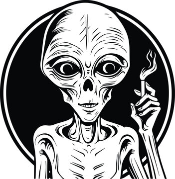Alien Smoking A Cigar Logo Monochrome Design Style
