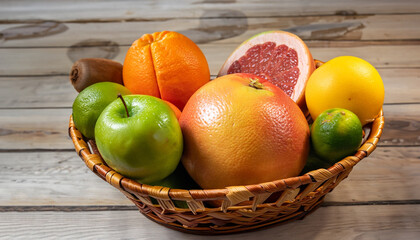 Colourful wicker basket of assorted tropical fruit with a lime, grapefruit, oranges and an apple in a country kitchen on wooden boards