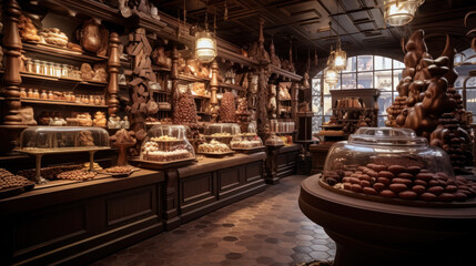 Interior of the Candy shop with impressive range of treats, including chocolate, bonbons, and etc