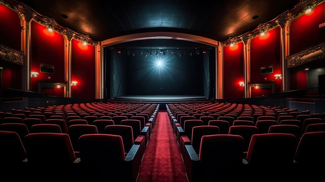 Interior of empty cinema with rows of red seats with cup holders and popcorn. Concept of entertainment. 3d rendering toned image