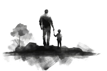 Emotive minimalist charcoal drawing of a father sharing a special moment with child. Ideal for Father's Day, filled with light and shadow contrast. Generative AI