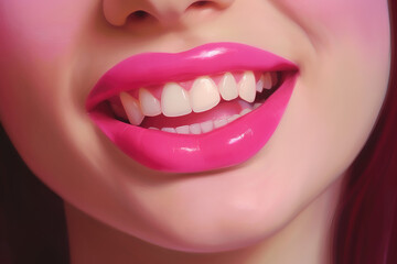 Close up view of beautiful attractive woman lips with pink glossy lipstick. Open mouth with white teeth. Cosmetology or fashion makeup concept. Beauty studio shot. Generative ai