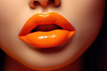 The close up of woman mouth shows the beautiful and sensual beauty of orange lips. Makeup and lip gloss are sexy and glamorous in detail. Generative ai