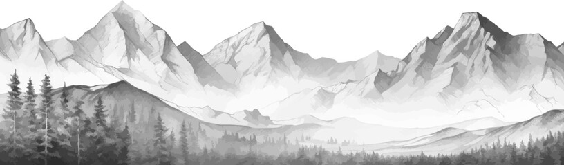 Hand drawn mountain range nature landscape. Greyscale abstract panorama with rocky mountains skyline. Vector illustration. - obrazy, fototapety, plakaty