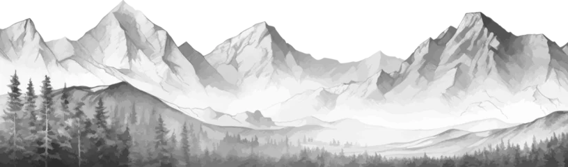 Foto op Plexiglas Hand drawn mountain range nature landscape. Greyscale abstract panorama with rocky mountains skyline. Vector illustration. © Bisams