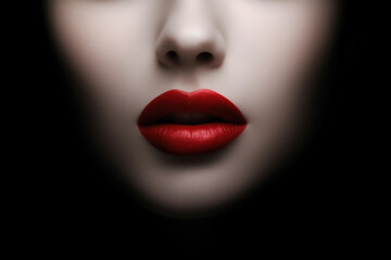 The close up of woman mouth shows the beautiful and sensual beauty of red lips. Makeup and lip gloss are sexy and glamorous in detail. Generative ai