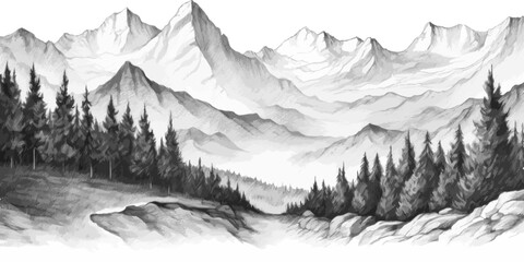 Hand drawn mountain range nature landscape. Greyscale abstract panorama with rocky mountains skyline. Vector illustration.