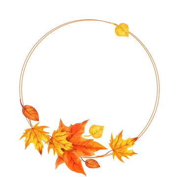 watercolor round frame with autumn leaves, wreath of orange maple leaves, hand drawn illustration of yellow and orange autumn leaves, sketch isolated on white background