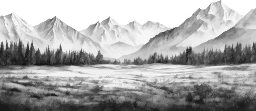 Hand drawn mountain range nature landscape. Greyscale abstract panorama with rocky mountains skyline. Vector illustration.