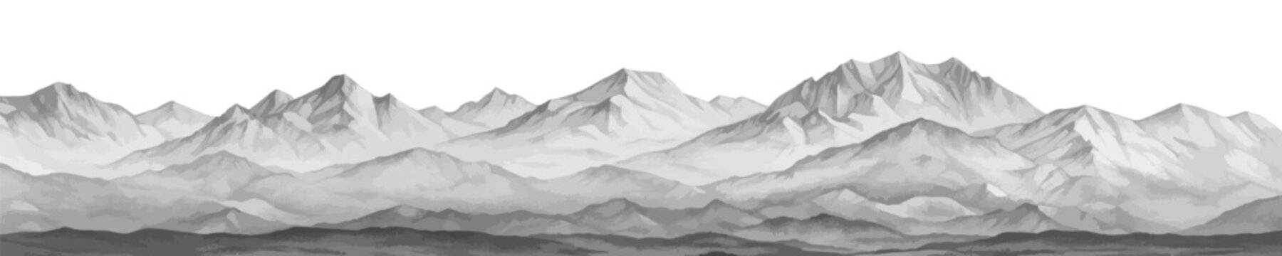 Hand drawn mountain range nature landscape. Greyscale abstract panorama with rocky mountains skyline. Vector illustration.