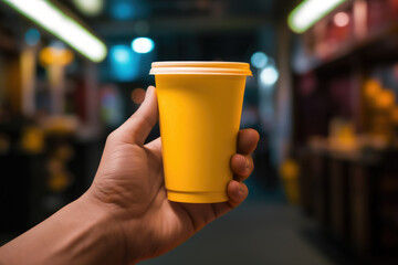 A caucasian person holds a yellow paper cup of coffee in his hand in a close-up photo outdoor on summer daytime street. Lifestyle of relaxing in the city with breakfast. Generative ai